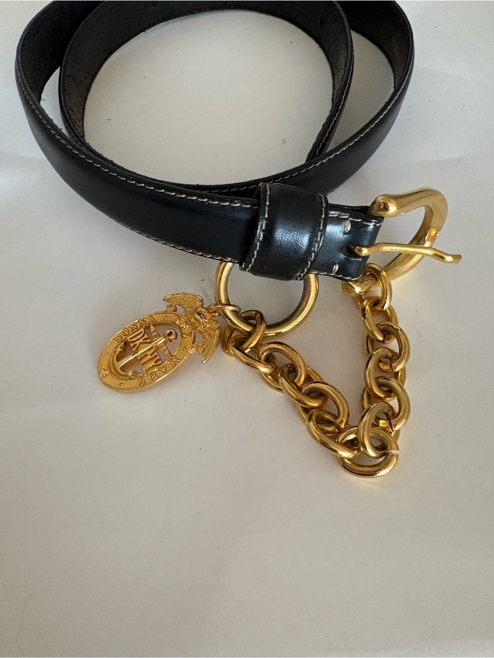 Vintage DKNY Black Leather Belt with Gold Chain Charm M